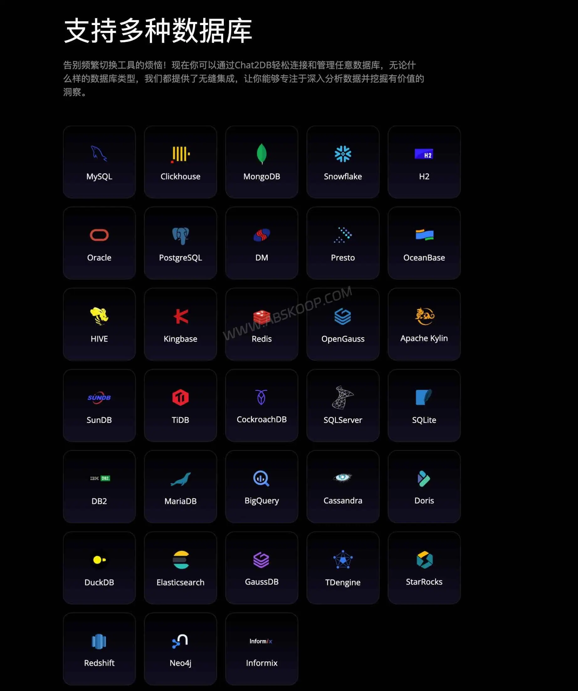 Chat2DB 数据库客户端:支持 30+ 数据库,能替代 DBeaver 吗? Chat2DB 支持 MySQL、PostgreSQL 等多种数据库