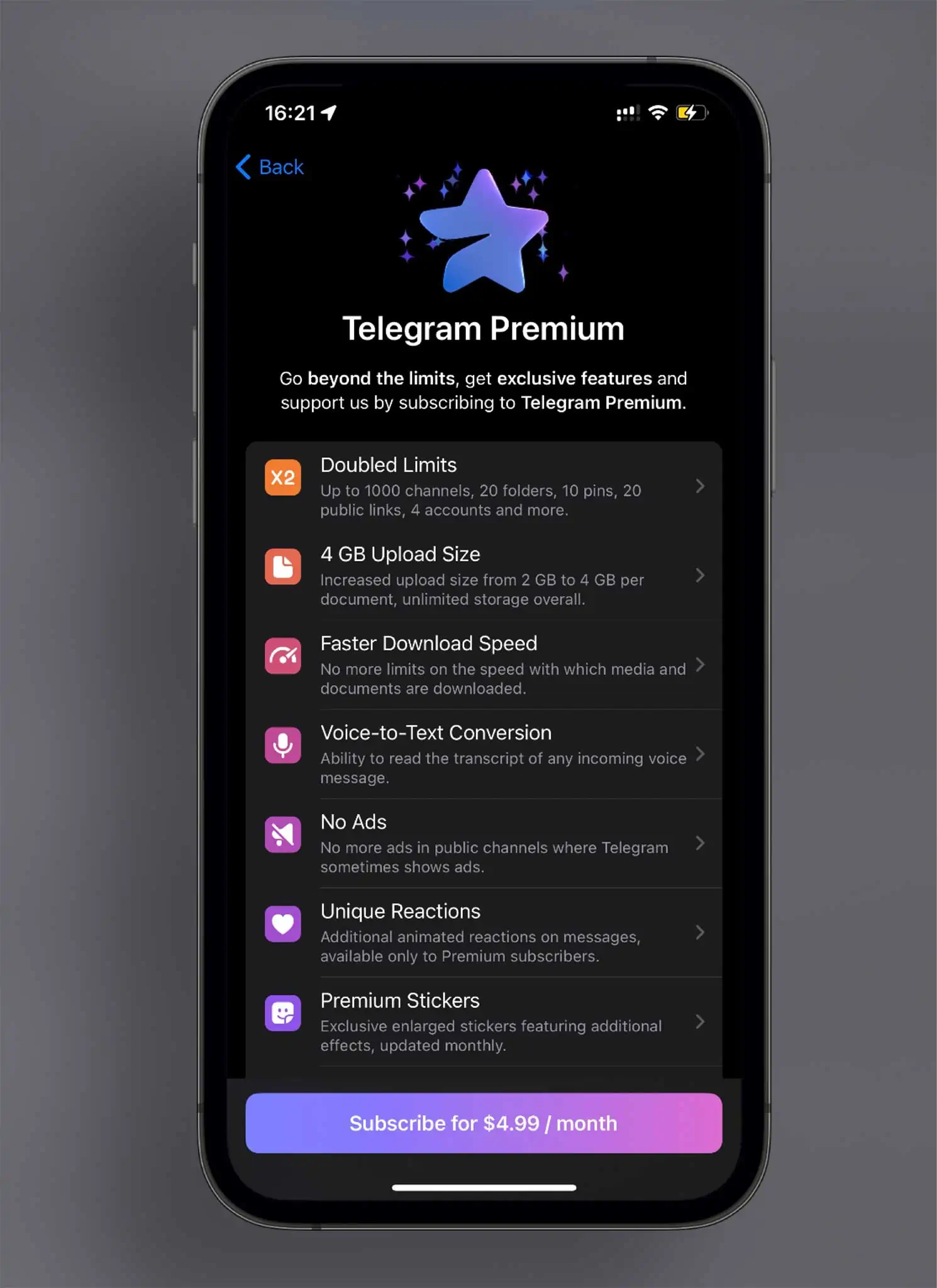 Telegram Premium 正式上线了 美元$4.99月