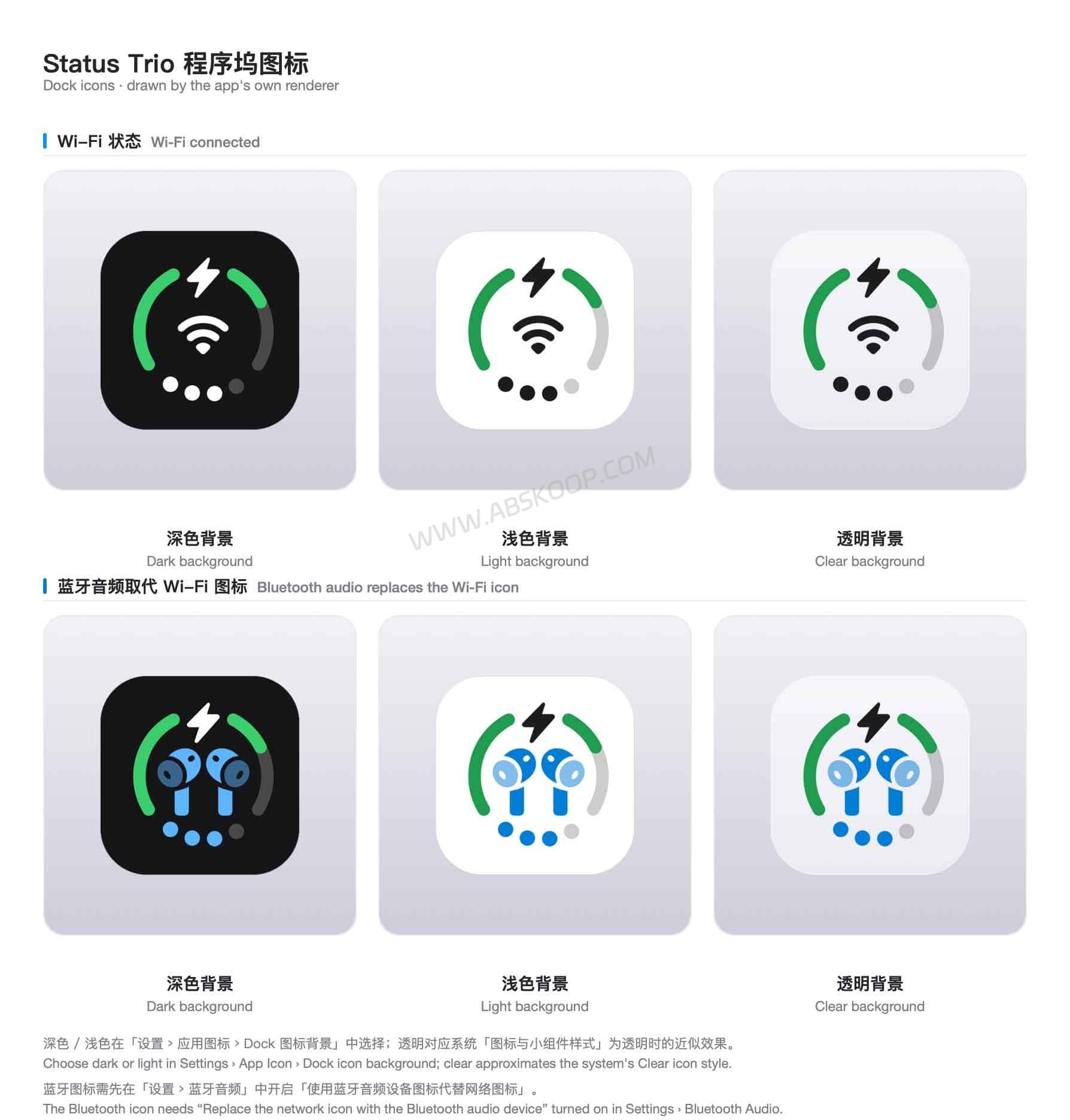 Status Trio:受 iPhone Duo 启发的 Mac 菜单栏三合一状态图标 Status Trio 不同样式的 macOS Dock 状态图标